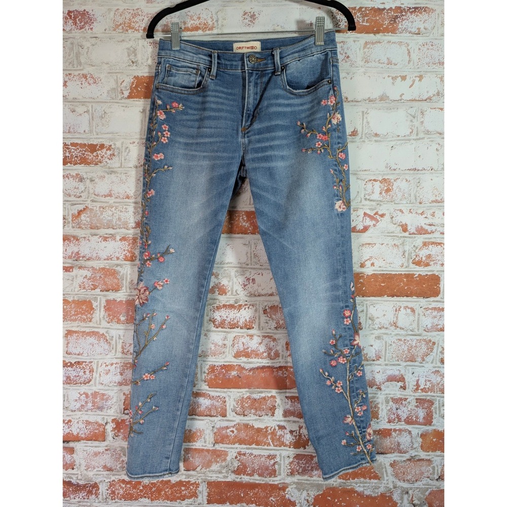Driftwood Jackie Jeans Womens 26 Blue Floral Embroidered Skinny Denim Boho